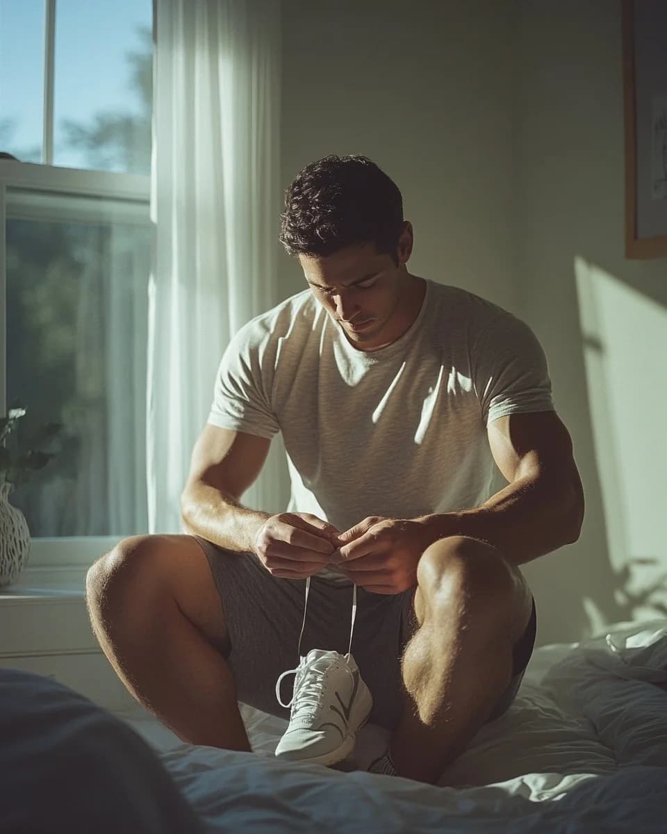 Atleta comenzando la mañana, atándose los zapatos deportivos en luz natural matinal